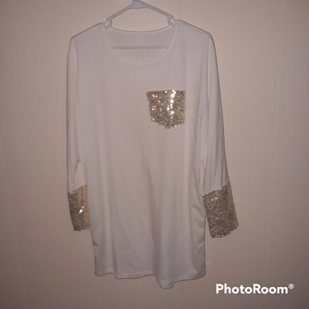 Long sleeve gold sequin white dress mini formal travel party winter holiday sexy